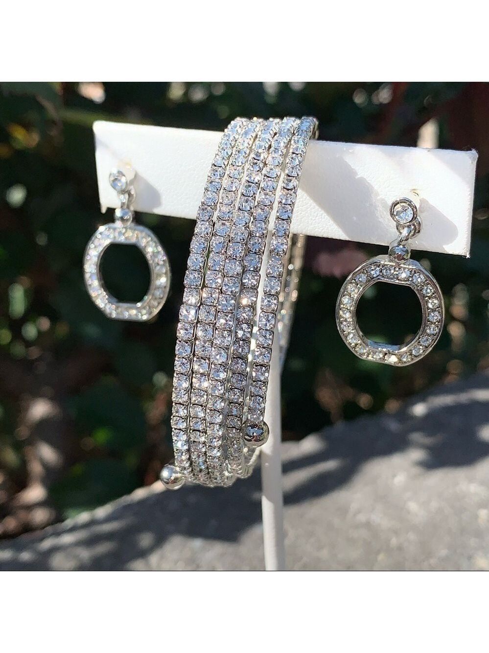 Rhinestone Dangle Drop Earrings Silver CZ Wrap Bracelet Set